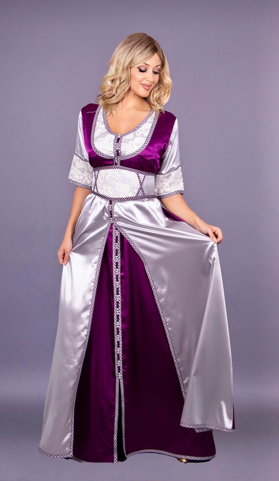 Cinderella Moroccan Caftan in Purple and Gray Silk Satin With Lace