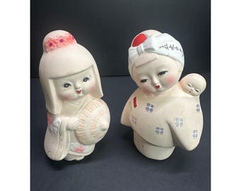 Vtg Hakata Style Pair of Geisha Girls Dolls The Orient Inc Japan Set 5" Tall