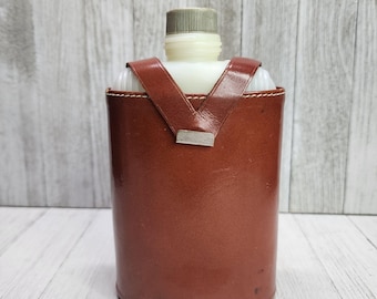 Vintage Flask Plastic Bottle with Hickok Top Grain Cowhide Brown Leather Cover