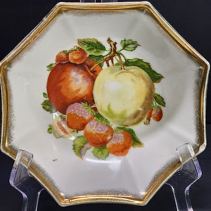 Bol vintage en porcelaine du Japon Trimont Ware, fruits peints à la main, bordure dorée de 7 po.