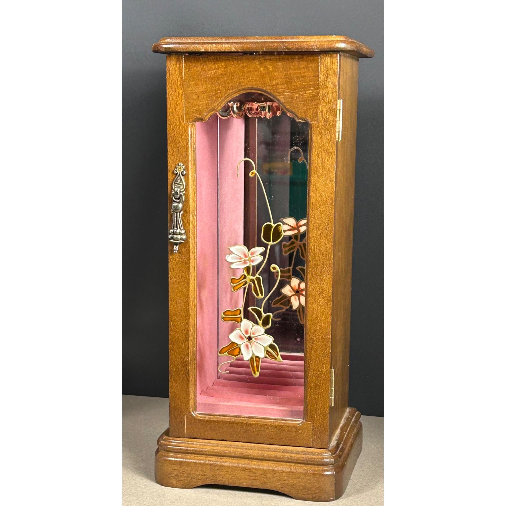 Vintage Wooden Jewelry Cabinet Box Centurion 12.5'' Floral Glass