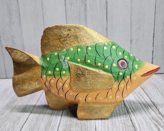 ヴィンテージ 木製彫刻 立像 魚の置物 彫刻像 長さ8インチ グリーン