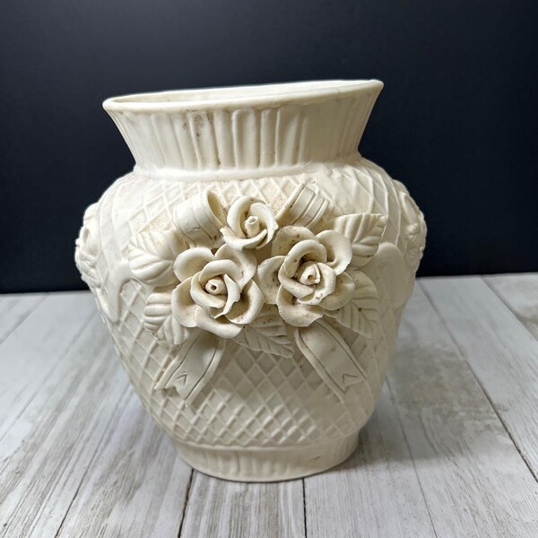 Vintage Bisque Porcelain Vase Sculpted 3D Raised Flower Pattern 6.25'' Tall