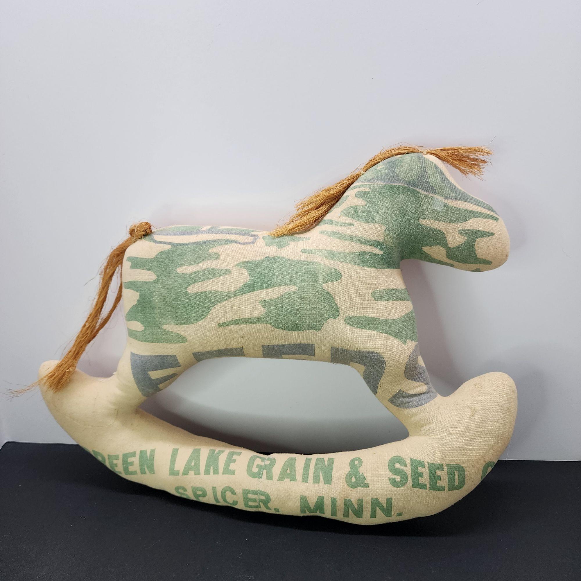 Vintage Rocking Horse Plush Green Lake Grain & Seed Spicer Stuffed 12'' Soft Toy