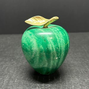 Vintage Apple Paperweight Polished Marble Stone Alabaster Green Brass Stem 3.5”
