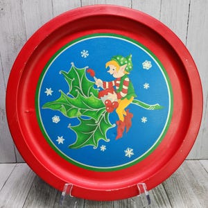 Vintage Christmas Metal Tin Serving Cookie Tray Plate Elf Design 12&#39;&#39; Round