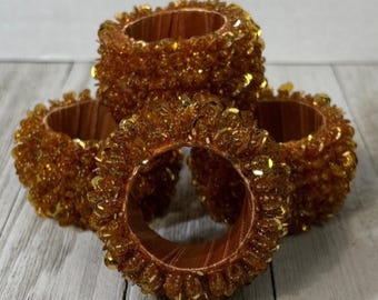 Vintage servetringen met kralen, oranje, voor feestjes, diners en feestdagen - Set van 4