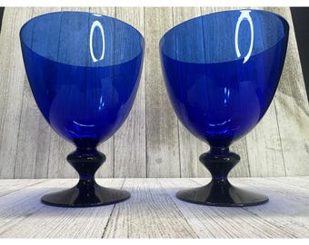 Vintage Bristol-stijl kobaltblauwe wijnglazen met voet, 13,3 cm hoog, set van 2