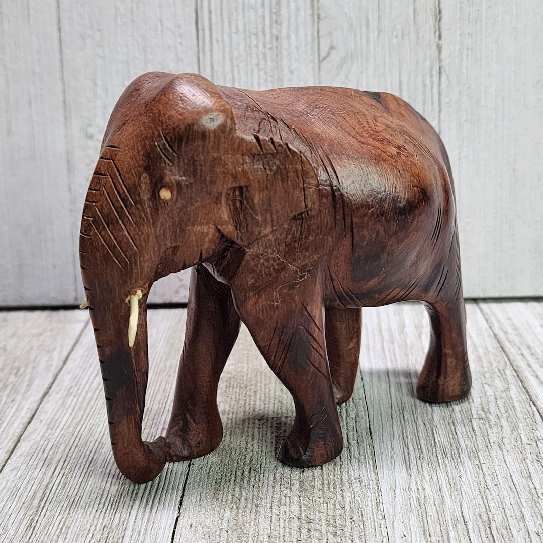 Vintage Wooden Carved Elephant Statue Sculpture Figurine With Tusk 4 ...