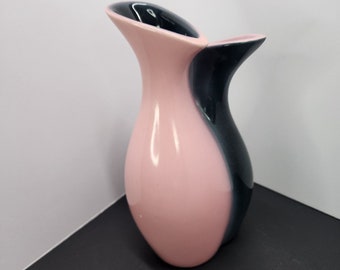 Vintage 1950s Circa MCM Double Sided Pink and Black Curved Vase #98 9inch Tall