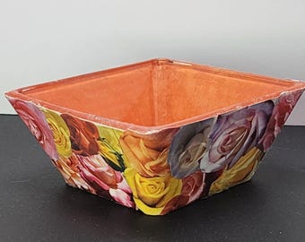 Unique Mod Podge Square Glass Bowl Orange Flowers Design 5.75''