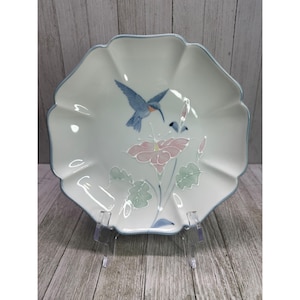 Vtg Otagiri Plate Octagonal Lotus & Hummingbird Design Blue Trim 8.5&#39;&#39; Japan