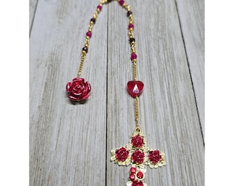 Rose & Heart Gold Colored Garnet Ruby Gemstone Rosary Easter Christmas gift 9"