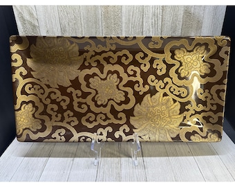 Vintage Pottery Barn schaal/dienblad in Chinoise bruin met elegant bloemenmotief, 40 x 20 cm.