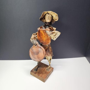 Vintage Mexican Folk Art Paper Mache Old Man Figure 11&#39;&#39; Holding Clay Paddles Sculpture