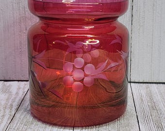 Vintage Cranberry Etched Glass Jam Condiment Sugar Jar Red 4'' Tall - No Lid