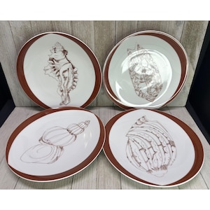 May include: A set of four round ceramic plates featuring a white center and a wide reddish-brown rim. Each plate displays a distinct, detailed brown line drawing of a different seashell, including a conch, a spiral shell, and other marine forms.