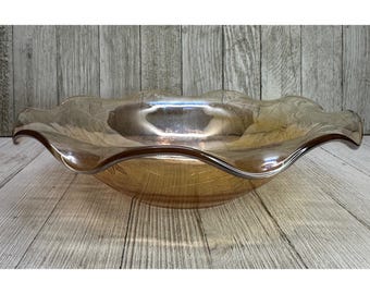Vintage Jeanette Carniva Glass Bowl Ruffled Iridescent Marigold 1950’s 9.5"