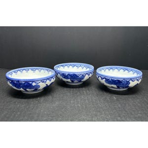 Vtg Asian Children Themed Porcelain Rice Bowl Blue White 4 1/2&quot;Round Set 3