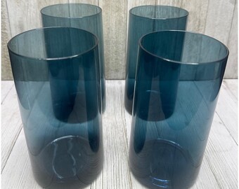 Vtg Tumbler Drinking Glasses Steel Blue Cylindrical Shaped Drinkware 6.5" Set 4