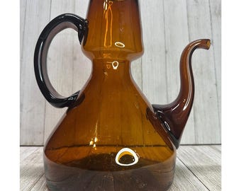 Vintage theepot van geblazen amberkleurig glas met handvat, 23 cm hoog, retro stijl, woondecoratie, MCM