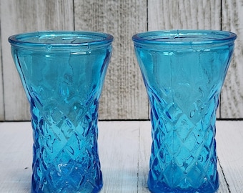 Vtg Cordial Shot Glasses Pressed Glass Diamond Pattern Blue 3" Tall Set Of 2
