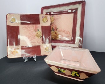 Handmade Unique Mod Podge Glass Plates and Bowl Set Maroon & Roses Design