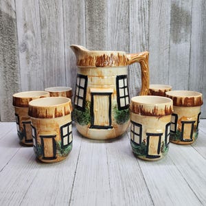Vintage Japanese Thatched Cottage Ware Juice Pitcher & Cups Ceramics SET