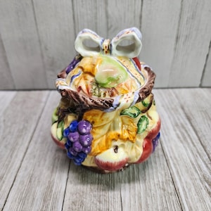 Vintage Painted Cookie Jar Fruits and Fall Leaves Design Ceramic with Lid