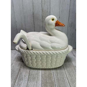 Vintage Duck Goose Soup Tureen with Ladle & Lid Ceramic White Japan Country
