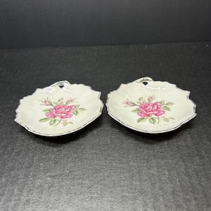 Vintage Japanese Leaf Shaped Trinket Candy Dish Floral White Silver Rimmed