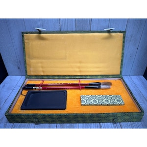 Vintage japanische Kalligraphie Pinsel Inkstone Schreibwerkzeuge bedeckte Box