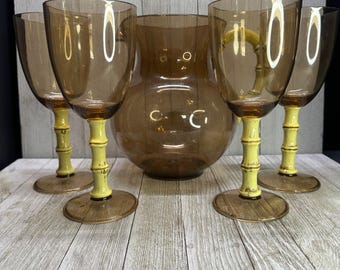 Vtg Tiki Bar Wine Glasses and Pitcher Acrylic Tree Bamboo Stem Cocktail Set 5