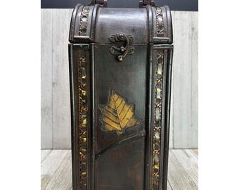 Vintage wijnflesdoos/kistje met houten bladmotief, rustieke uitvoering, cadeau-opbergdoos met handvat, 33 cm hoog