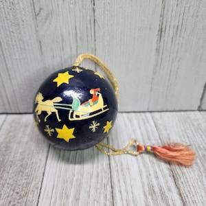 Vintage Christmas Painted Ball Ornament Sleigh Horse Design Holiday Decor