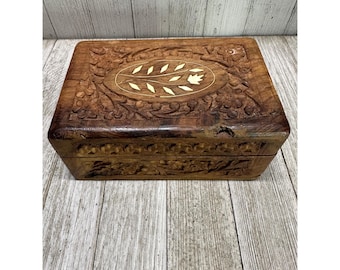 Vtg Wooden Jewelry Trinket Box Carved Inlay Flower Top Design 6 x  4 in India