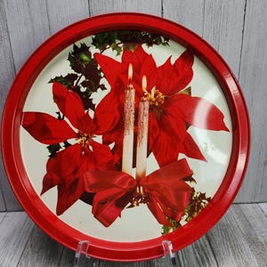 Vintage Christmas Metal Tin Cookie Trays Candles Poinsettias 10&#39;&#39; Round