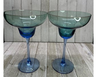 Copas de margarita vintage bicolor verde y azul con tallos de 12,7 cm de diámetro y 19 cm de alto (juego de 2)