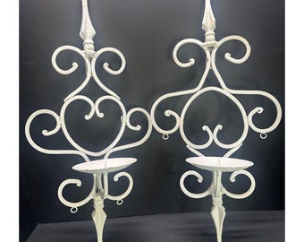 Vtg Wall Candle Sconces Painted White Wrought Style Iron Metal 19" Tall Set of 2