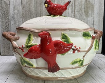 Vintage serveerschaal met kardinaal en bessen, hulstmotief, keramische kerstdecoratie, 11,5"x8"x9"