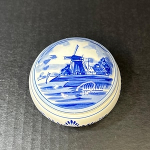 Vintage Delft Blue Trinket Box with Lid Blue and White Round Painted Holland