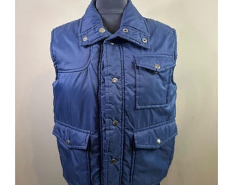 Vintage Dickies gewatteerd vest voor heren, maat S, marineblauw, geïsoleerd nylon, met knoopsluiting.