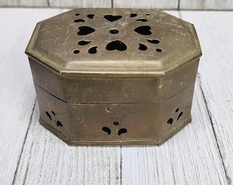 Vintage Solid Brass Octagon Cricket Trinket Jewelry Box Hinged Lid - India Made