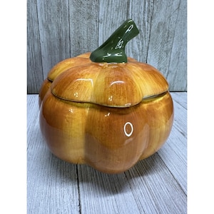 Pode incluir: Um recipiente de cerâmica em forma de abóbora com tampa. A abóbora é laranja e castanha brilhante com um caule verde. O recipiente é provavelmente usado para armazenamento ou decoração, perfeito para a época do outono.