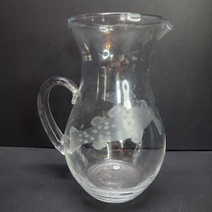 Vintage Clear Glass Serving Pitcher Etched Fish Design 8.25&#39;&#39; Tall