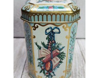 Vintage C.B.C Christmas Metal Tin Music Themed 4'' Tall with Lid Made in Taiwan