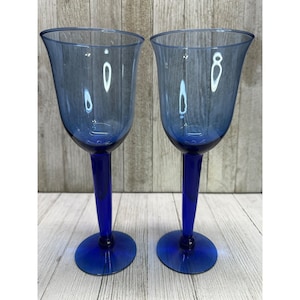 Vintage Cobalt Blue Water Wine Goblets Glasses Stemmed Glassware - Set of 2