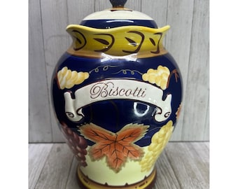 Vintage kobaltblauwe koekjespot van 28 cm hoog met biscuitmotief en herfstbladeren, Franse landelijke stijl.