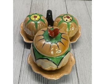 Vintage Japanese Lusterware Salt and Pepper Shaker & Condiment Set with Tray