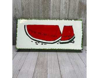 Vintage 13 x 6 inch mal 77 rode watermeloen plaquette muur decor geschilderd zomer